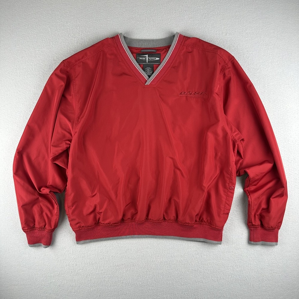 Page & Tuttle Windshirt Mens Medium‎ Red BNSF Railway V-Neck Mesh Lined Pullover